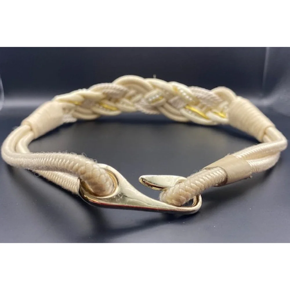 USED Vintage Cream/Off White Braided Woven Cord Belt with pearl & gold detailing